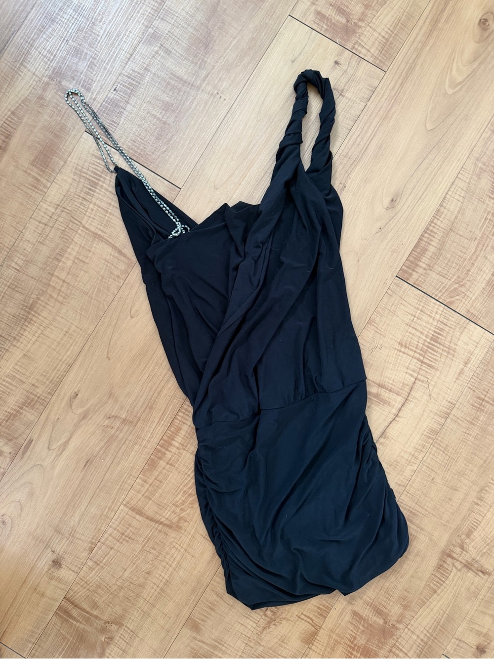Vintage Y2K Asymmetric Little Black Dress with Rhinestone Strap